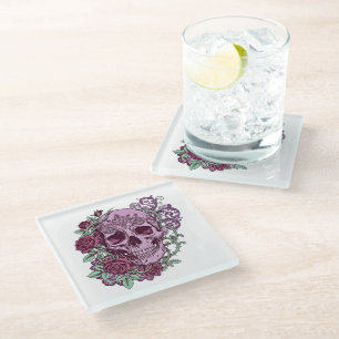 Posavasos De Vidrio Diseño goth de cráneo de lavanda con rosas