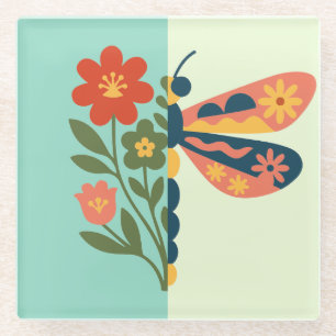 Posavasos De Vidrio Diseño gráfico de flor y mariposa colorido