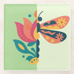 Posavasos De Vidrio Diseño gráfico de insecto y flor juguetón