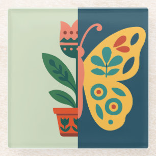 Posavasos De Vidrio Diseño gráfico dividido floral y mariposa colorido
