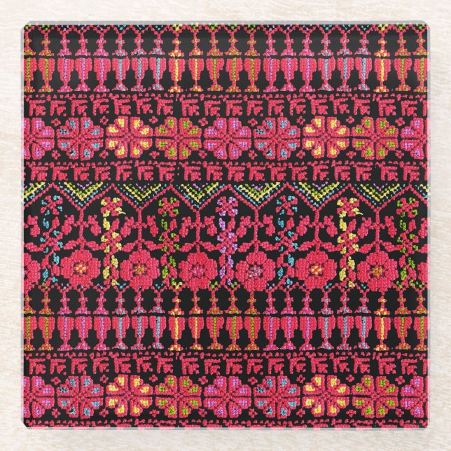 Posavasos De Vidrio Diseño impreso del bordado palestino Tatreez (Anverso)