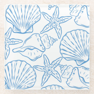 Posavasos De Vidrio Diseño Playero de Conchas Azules y Blancas