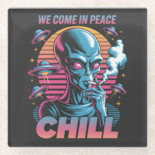 Posavasos De Vidrio Diseño Retro Alien "Venimos en Paz CHILL"