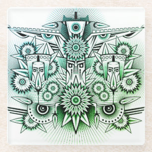 Posavasos De Vidrio Diseño tribal con tinte verde