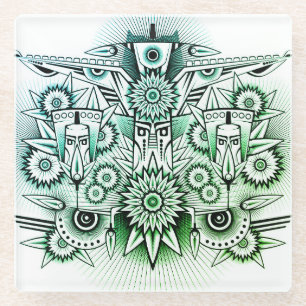 Posavasos De Vidrio Diseño tribal de tonos verdes