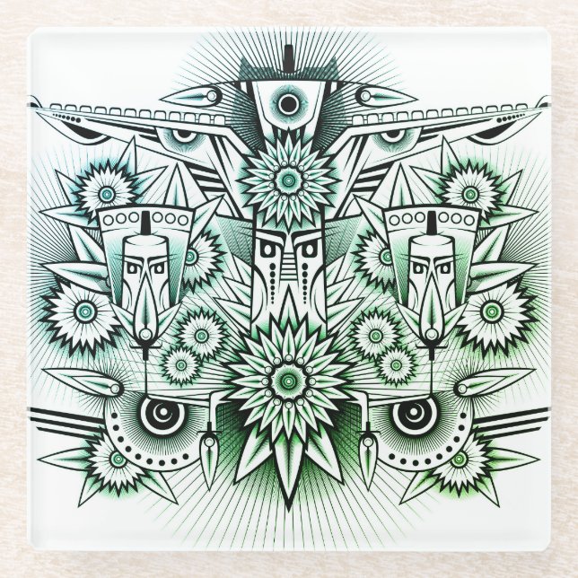 Posavasos De Vidrio Diseño tribal de tonos verdes (Anverso)