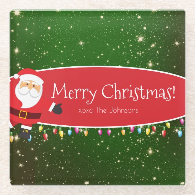 Posavasos De Vidrio Divertido Feliz Navidad Santa Apellidos Rojo y Ver (Anverso)