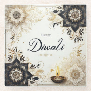 Posavasos De Vidrio Diwali con flores elegantes y diya