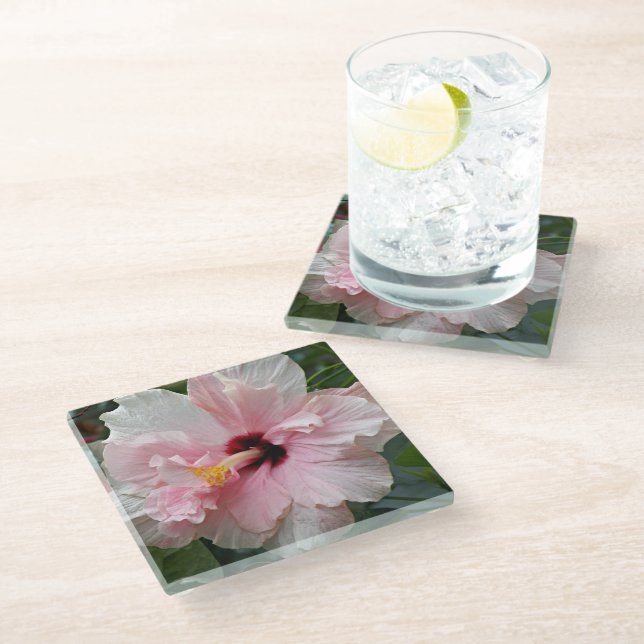 Posavasos De Vidrio Doble hibiscus floral rosa (Angular)