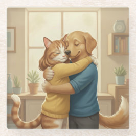 Posavasos De Vidrio Dog and Cat Hug Glass Coaster