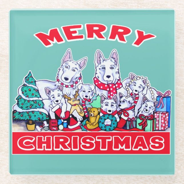 Posavasos De Vidrio Dog Merry Christmas White Shepherd Holiday GSD Div (Anverso)