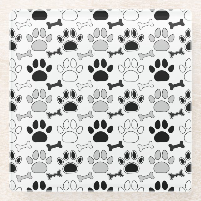 Posavasos De Vidrio Dog Paw Prints and Bones Pattern (Anverso)
