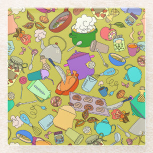 Posavasos De Vidrio Doodle de comida y utensilios, textura perfecta.