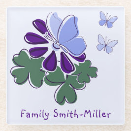 Posavasos De Vidrio Doodle de mariposa azul de pura morada verde suave