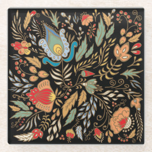 Posavasos De Vidrio Doodle Floral Vintage: Diseño Oriental.