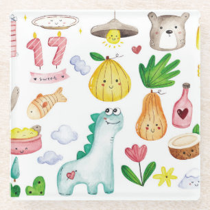 Posavasos De Vidrio Doodles de acuarela de Kawaii, pegatina listo.