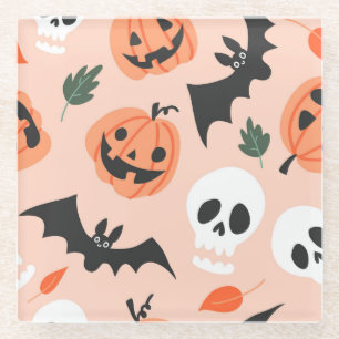 Posavasos De Vidrio Doodles de Halloween, calabazas, patrón de murciél