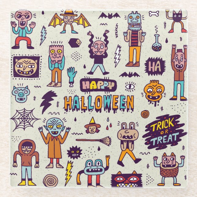 Posavasos De Vidrio Doodles de Halloween, conjunto impecable personali (Anverso)