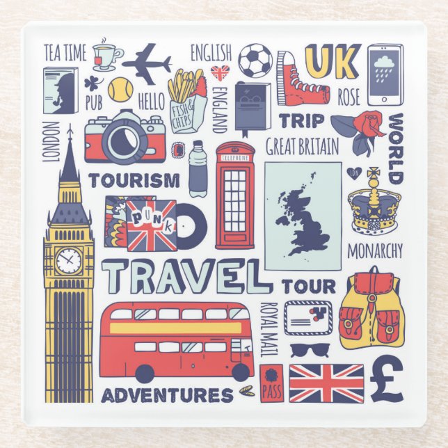 Posavasos De Vidrio Doodles del viaje de Inglaterra (Anverso)