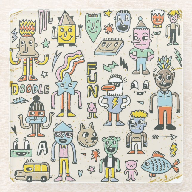 Posavasos De Vidrio Doodles Wacky: Conjunto de caracteres de época (Anverso)