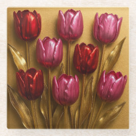 Posavasos de vidrio dorado con tulipanes rojos y r