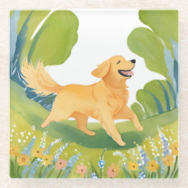 Posavasos De Vidrio Dorado Retriever Feliz | Acuarela Ligera