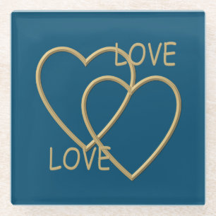 Posavasos De Vidrio Dos corazones dorados y amorosos