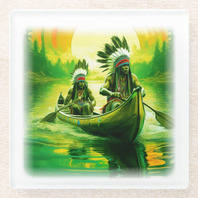 Posavasos De Vidrio Dos Indios Están Remando En El Lago (Anverso)