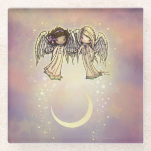 Posavasos De Vidrio Dos pequeños ángeles en un juguetón de arte noctur