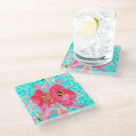 Posavasos De Vidrio Dos rosados ciruelas de coral rojo loco hibiscus e