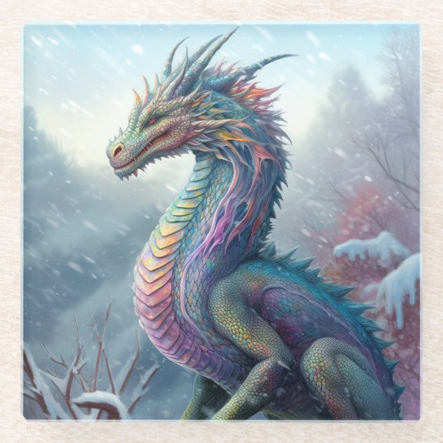Posavasos De Vidrio Dragón Arcoiris En El Arte De La Nieve Fantasía (Anverso)