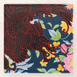 Posavasos De Vidrio Dragón asiático - Negro sobre la floral de la mari