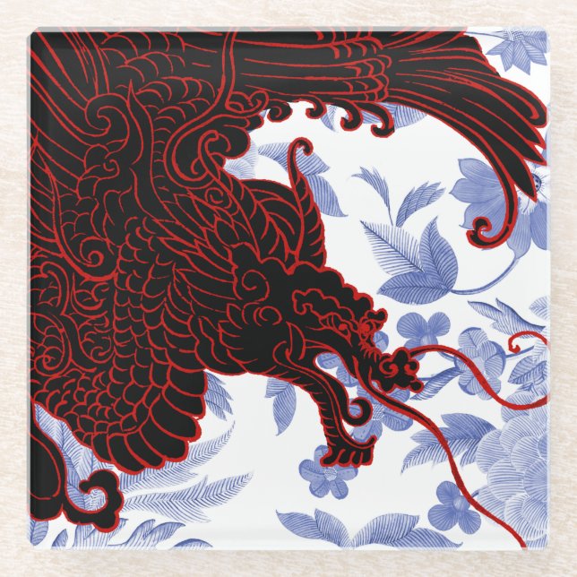 Posavasos De Vidrio Dragón asiático - Negro y rojo sobre floral azul (Anverso)