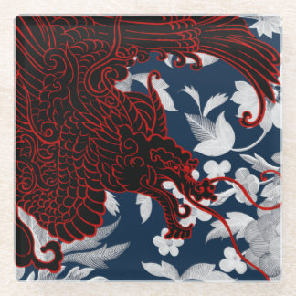 Posavasos De Vidrio Dragón asiático - Negro y Rojo sobre floral naval