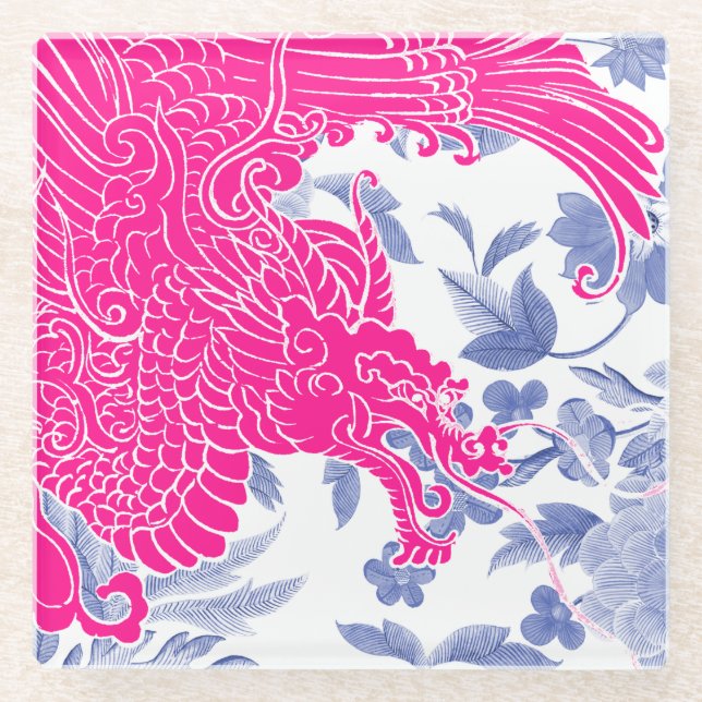 Posavasos De Vidrio Dragón asiático - Rosa y blanco sobre floral azul (Anverso)