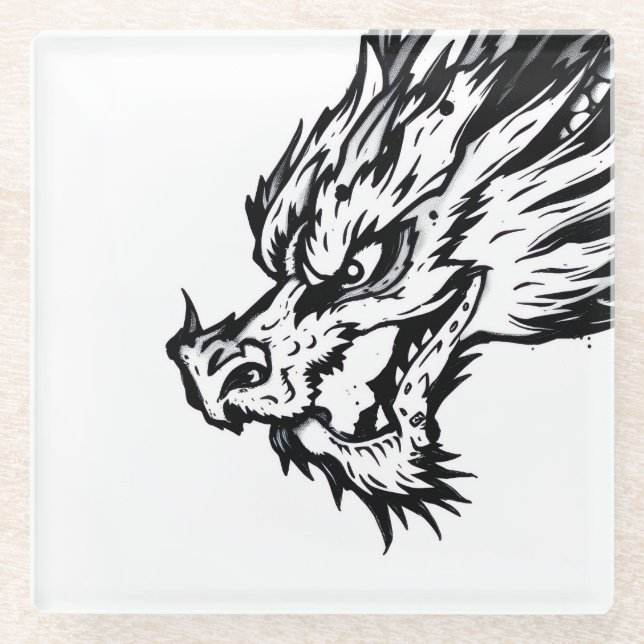 Posavasos De Vidrio Dragón Blanco y Negro (Anverso)