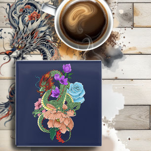 Posavasos De Vidrio Dragón Chino Verde Místico Floral Azul Marino