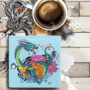Posavasos De Vidrio Dragón de agua chino Koi Fish