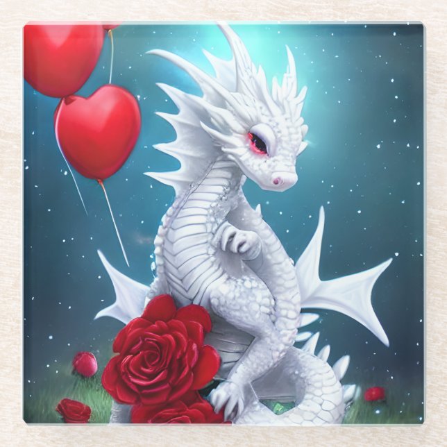 Posavasos De Vidrio Dragón de amor de San Valentín blanco (Anverso)