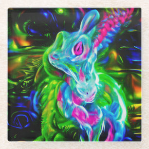 Posavasos De Vidrio Dragón de conejo psicodélico en la fantasía neón