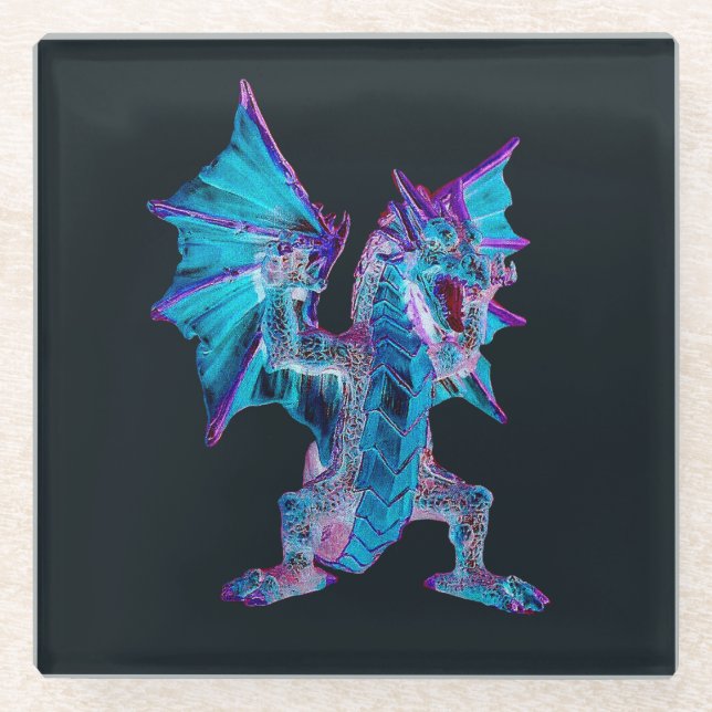 Posavasos De Vidrio Dragón de Fuego Azul Fantasía (Anverso)