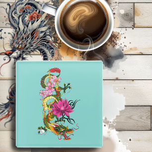 Posavasos De Vidrio Dragon Lotus Cherry Blossoms