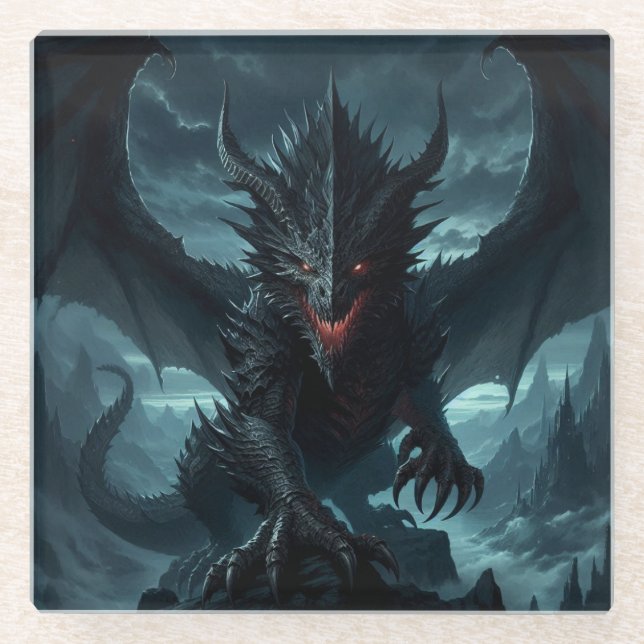 Posavasos De Vidrio Dragón medieval oscuro (Anverso)