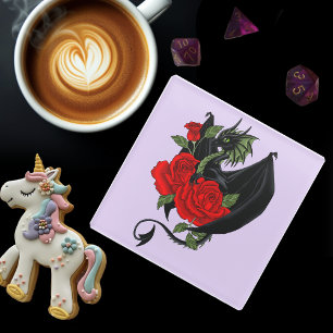 Posavasos De Vidrio Dragón Negro Místico Rosas Rojas Lavanda Gótico
