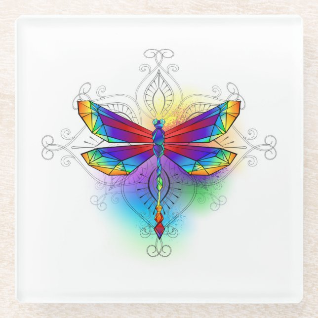 Posavasos De Vidrio Dragón poligonal arcoiris (Anverso)