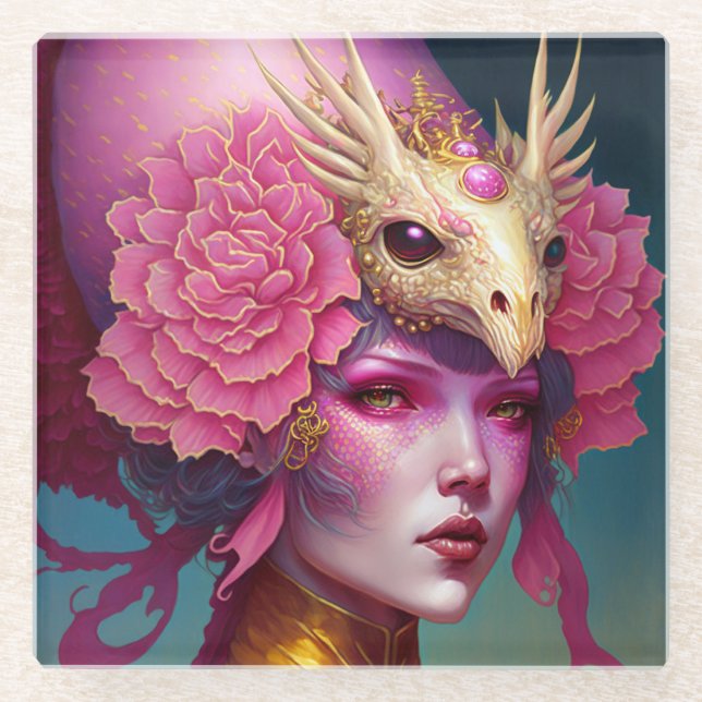 Posavasos De Vidrio Dragón Rosa Cráneo Mujer Fantasía Arte (Anverso)