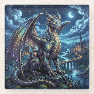 Posavasos De Vidrio Dragones Padre e Hijo Celestiales a la Luz de la L