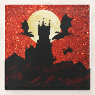Posavasos De Vidrio Dragones que vuelan, castillo del acantilado, Luna