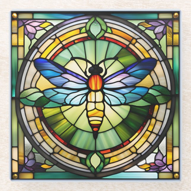 Posavasos De Vidrio Dragonfly de vidrio manchado (Anverso)