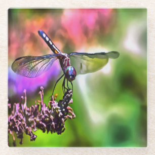Posavasos De Vidrio Dragonfly en pintura realista verde y azul